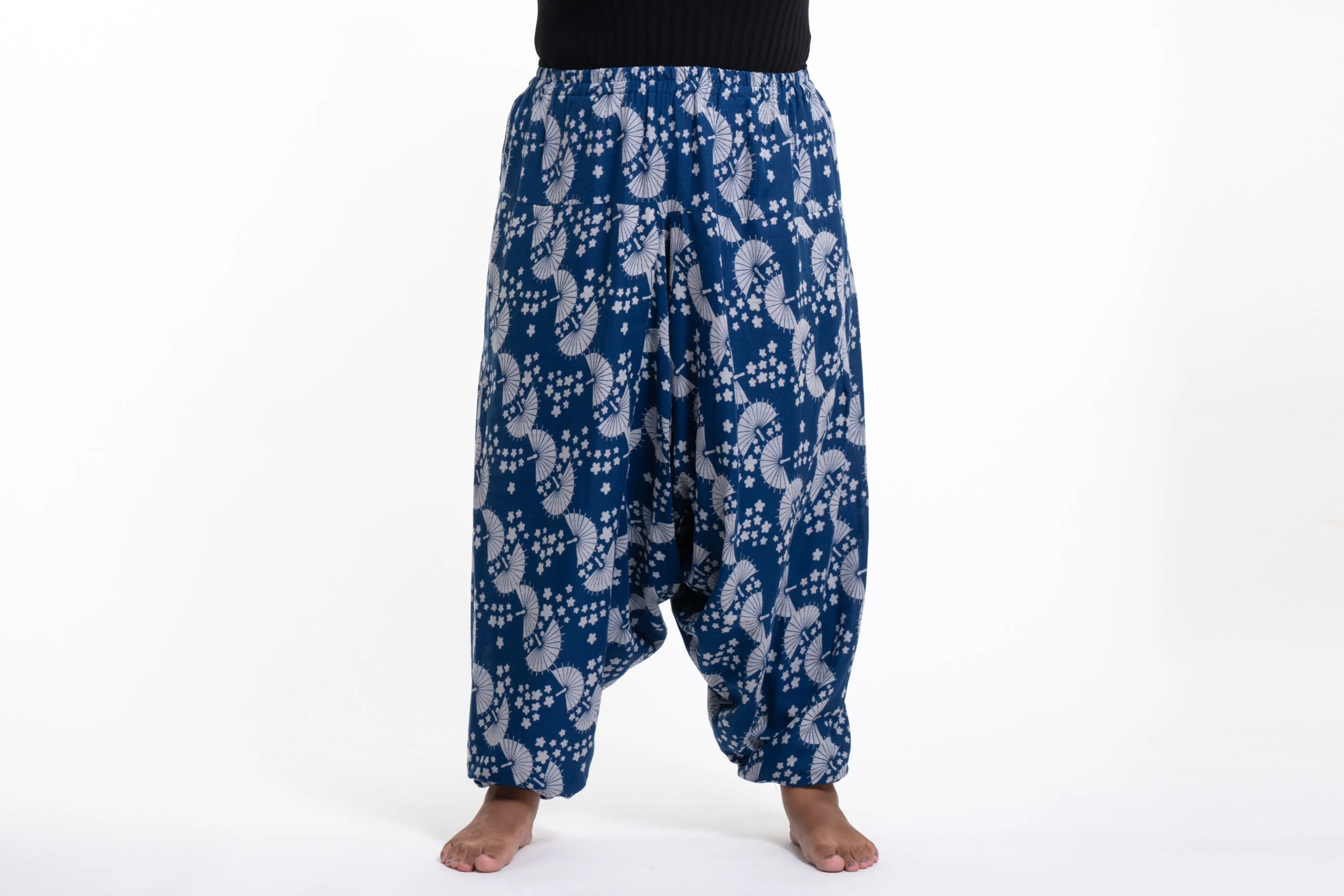 Plus Size Fan Prints Women's Low Cut Cotton Harem Pants in Indigo