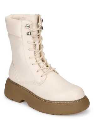 Putty Beige PU High Ankle Combat Boots