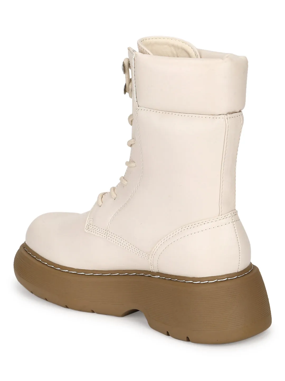 Putty Beige PU High Ankle Combat Boots