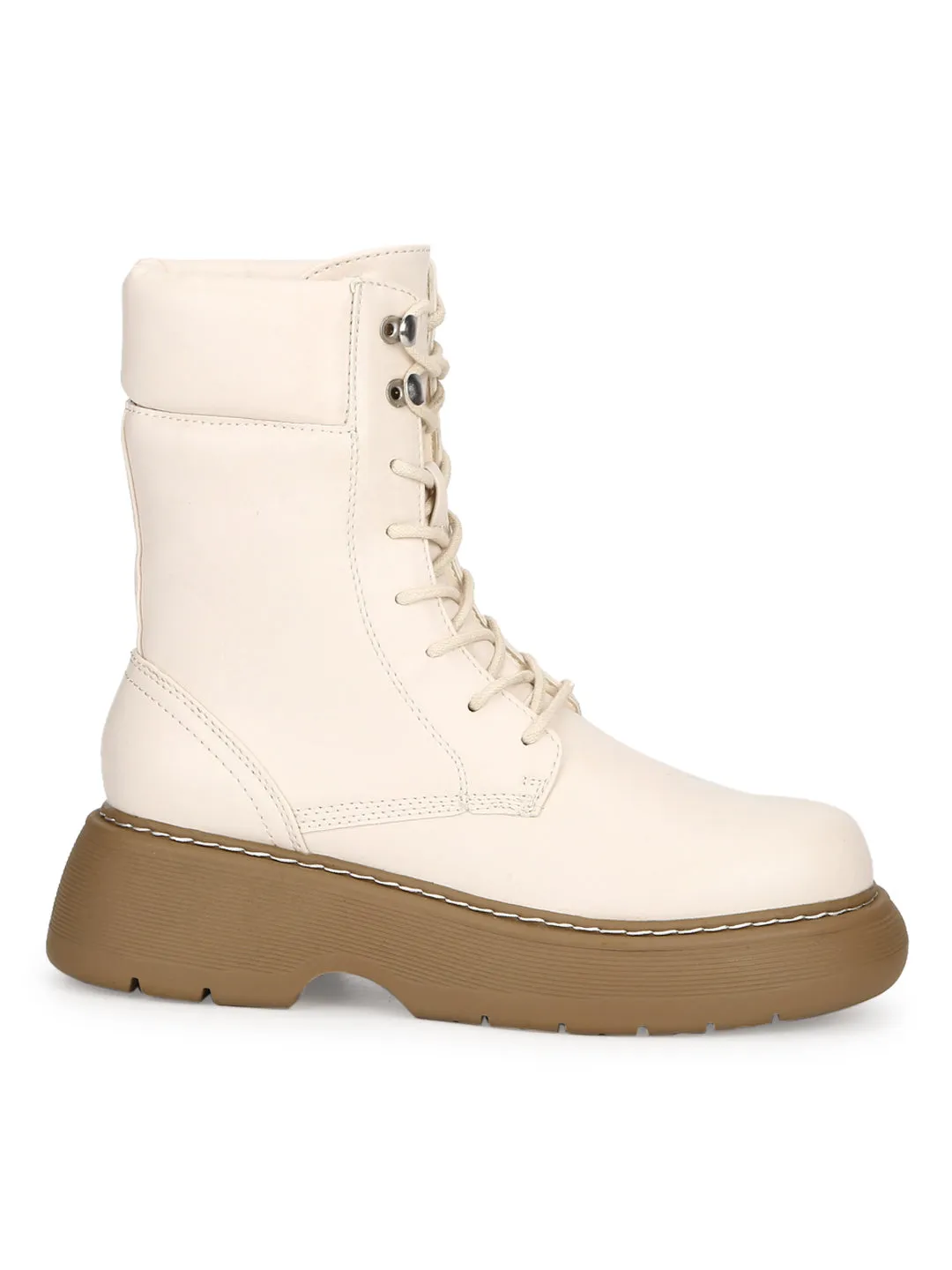 Putty Beige PU High Ankle Combat Boots