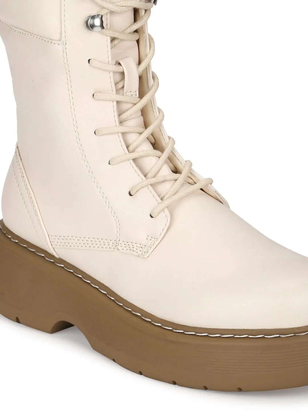 Putty Beige PU High Ankle Combat Boots