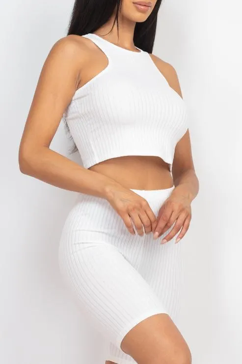 Ribbed Cropped Tank Top and Biker Shorts Set