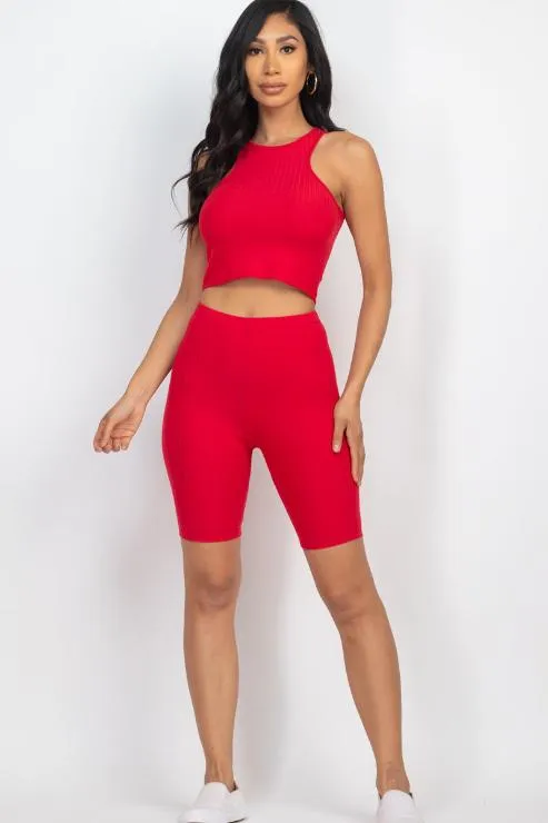 Ribbed Cropped Tank Top and Biker Shorts Set