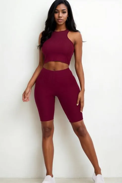 Ribbed Cropped Tank Top and Biker Shorts Set