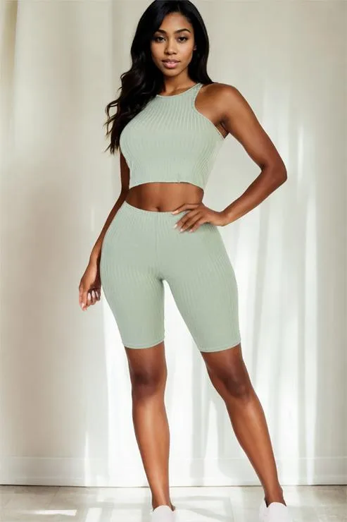 Ribbed Cropped Tank Top and Biker Shorts Set