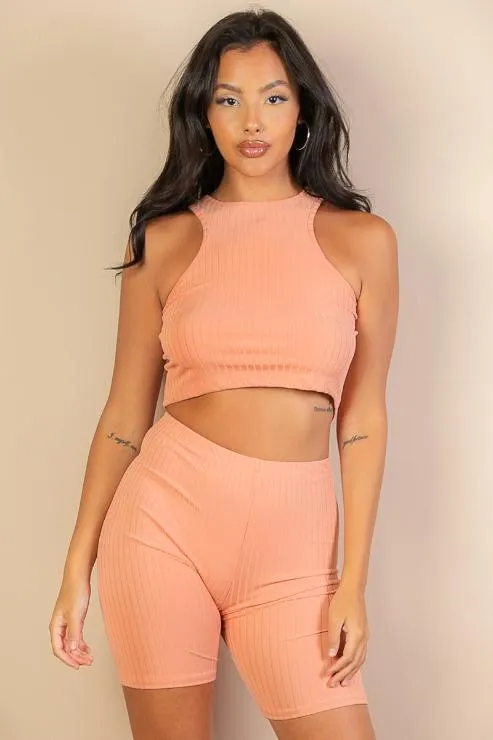 Ribbed Cropped Tank Top and Biker Shorts Set