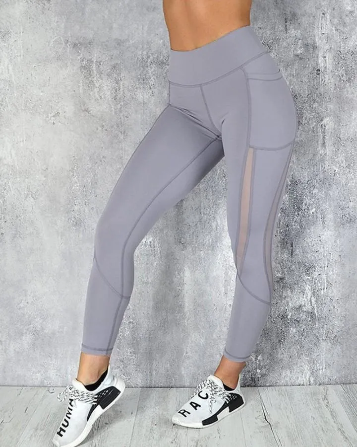 Solid Mesh Patchwork Skinny Active Pants