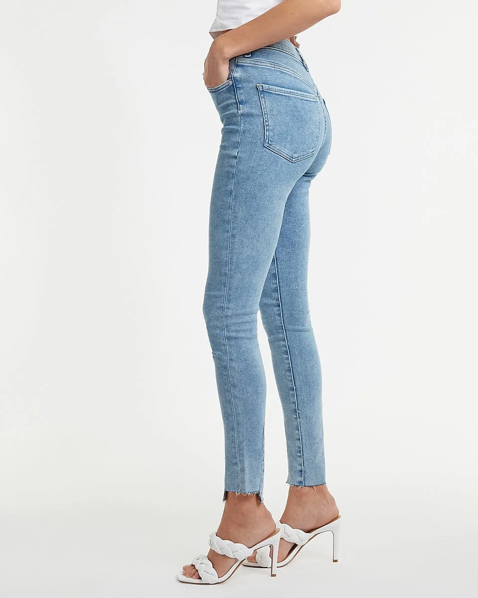 Super High Waisted Raw Step Hem Skinny Jeans in Light Wash