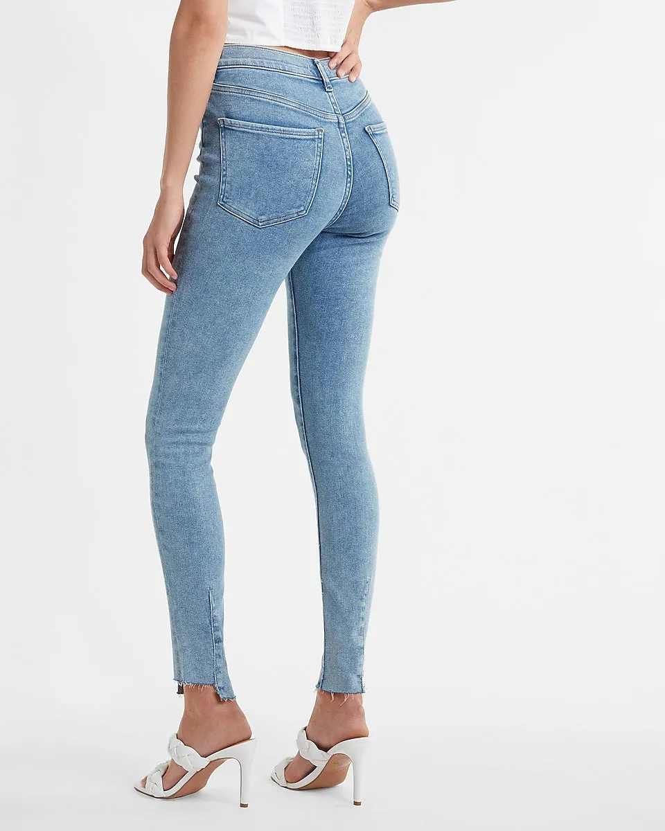 Super High Waisted Raw Step Hem Skinny Jeans in Light Wash