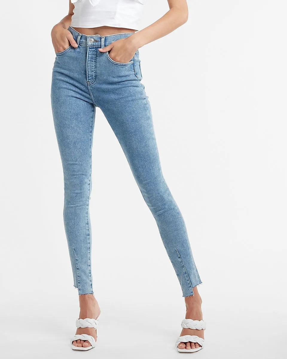 Super High Waisted Raw Step Hem Skinny Jeans in Light Wash