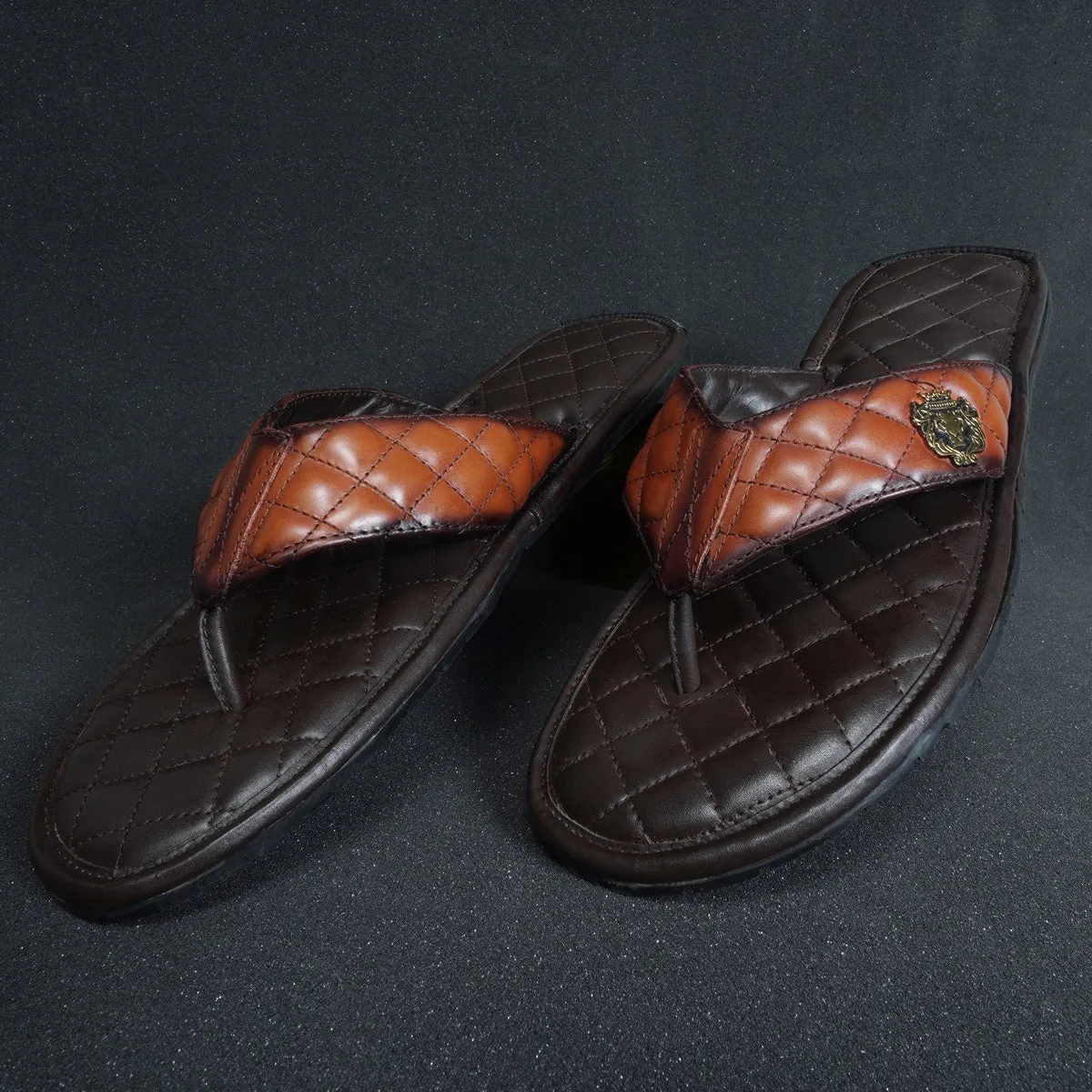 Tan Contrasting V-Strap Leather Slippers