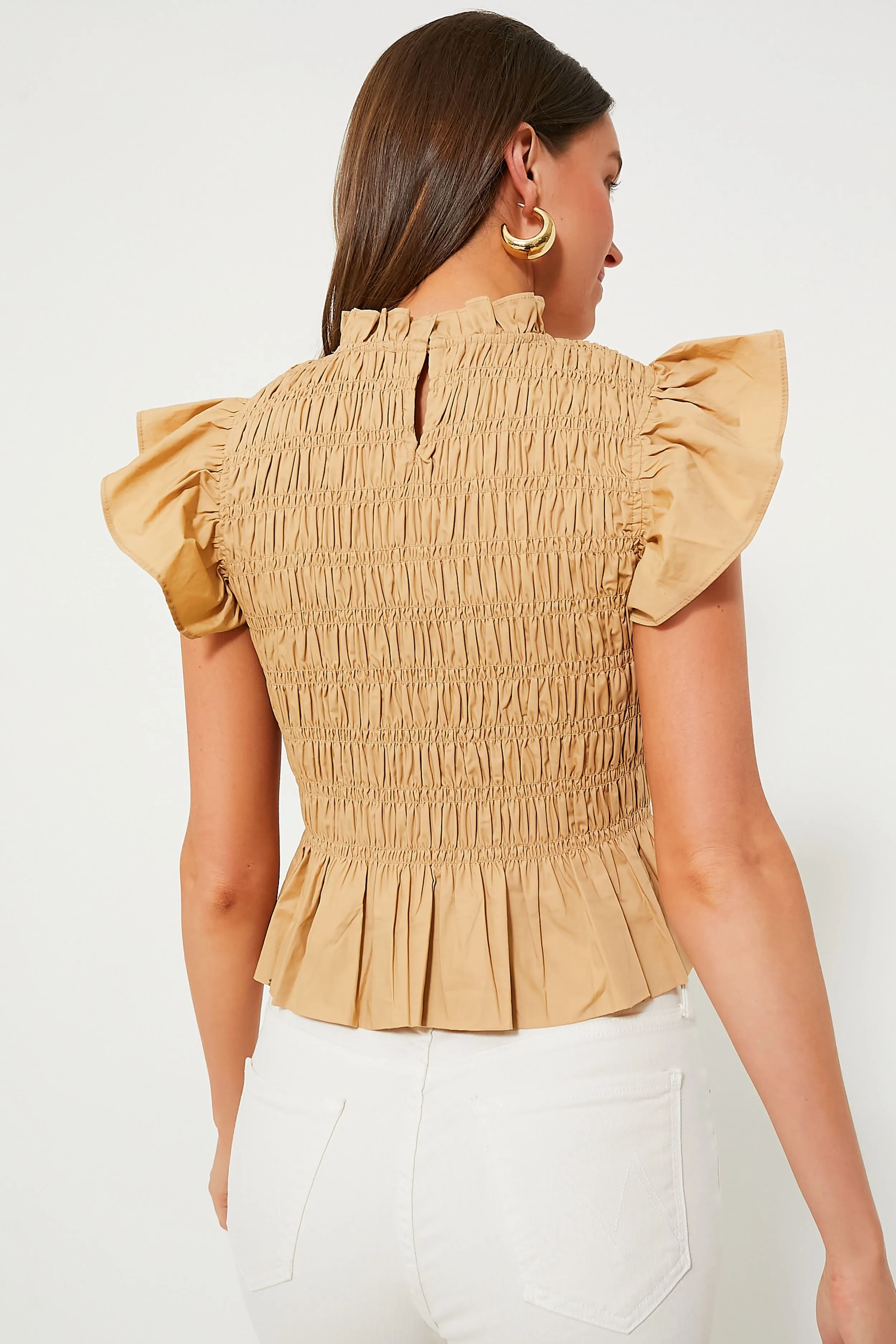 Tan Smocked High Neck Nadine Blouse