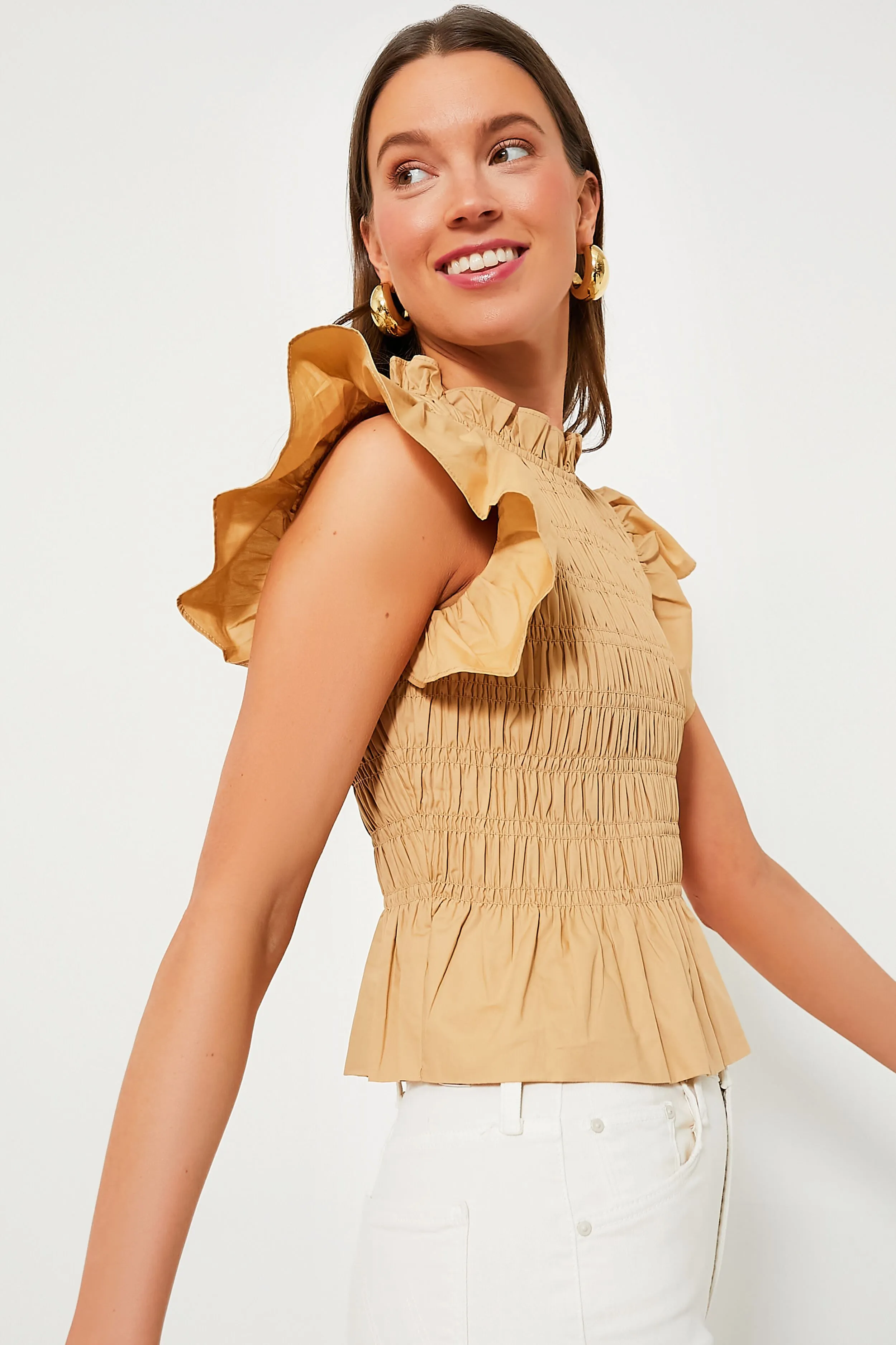 Tan Smocked High Neck Nadine Blouse