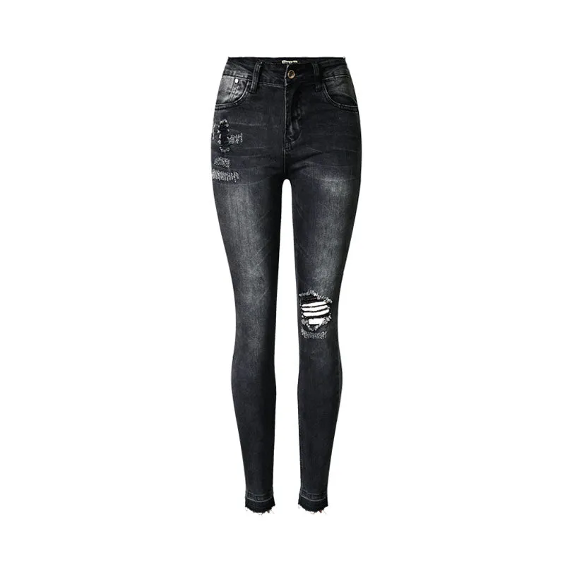 Trendy Cut Out High Waist Faded Distressed Skinny Jeans - Black