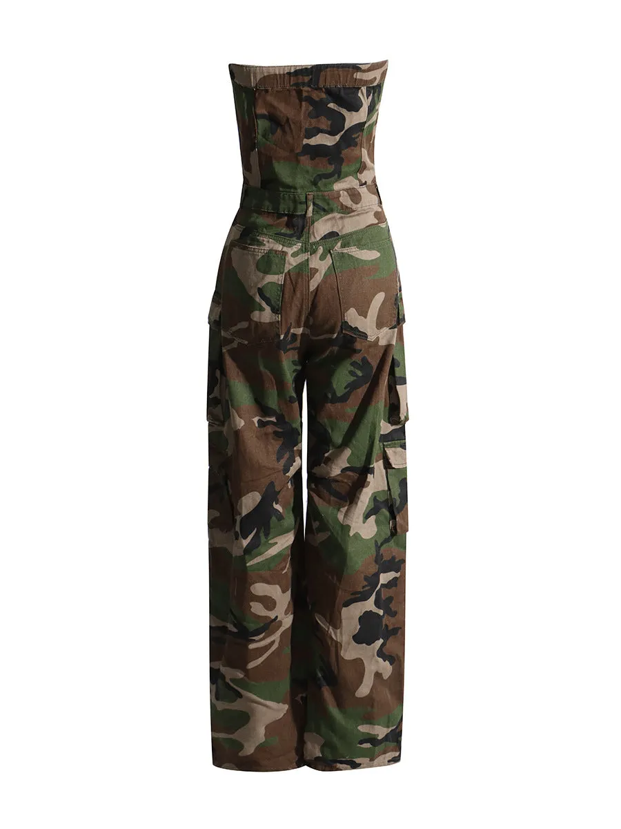 Tube Top Camouflage Jumpsuit