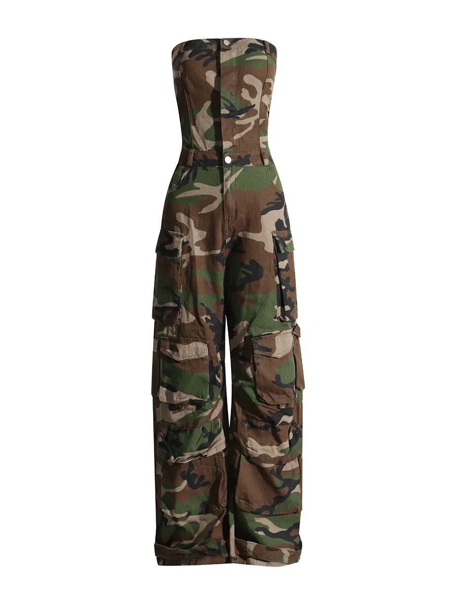 Tube Top Camouflage Jumpsuit