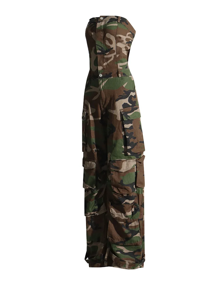 Tube Top Camouflage Jumpsuit