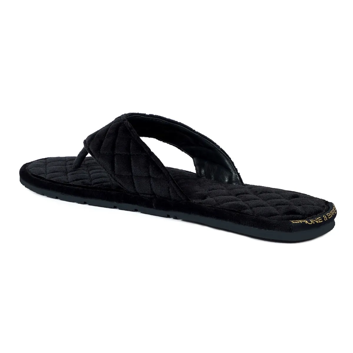 V-Strap Italian Velvet Slippers in Black Full Quilted Stitched Pattern