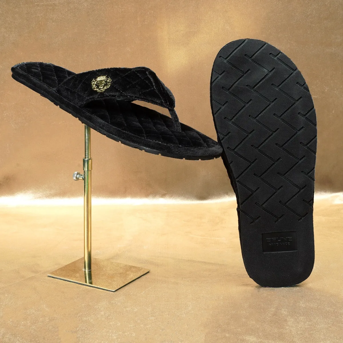 V-Strap Italian Velvet Slippers in Black Full Quilted Stitched Pattern