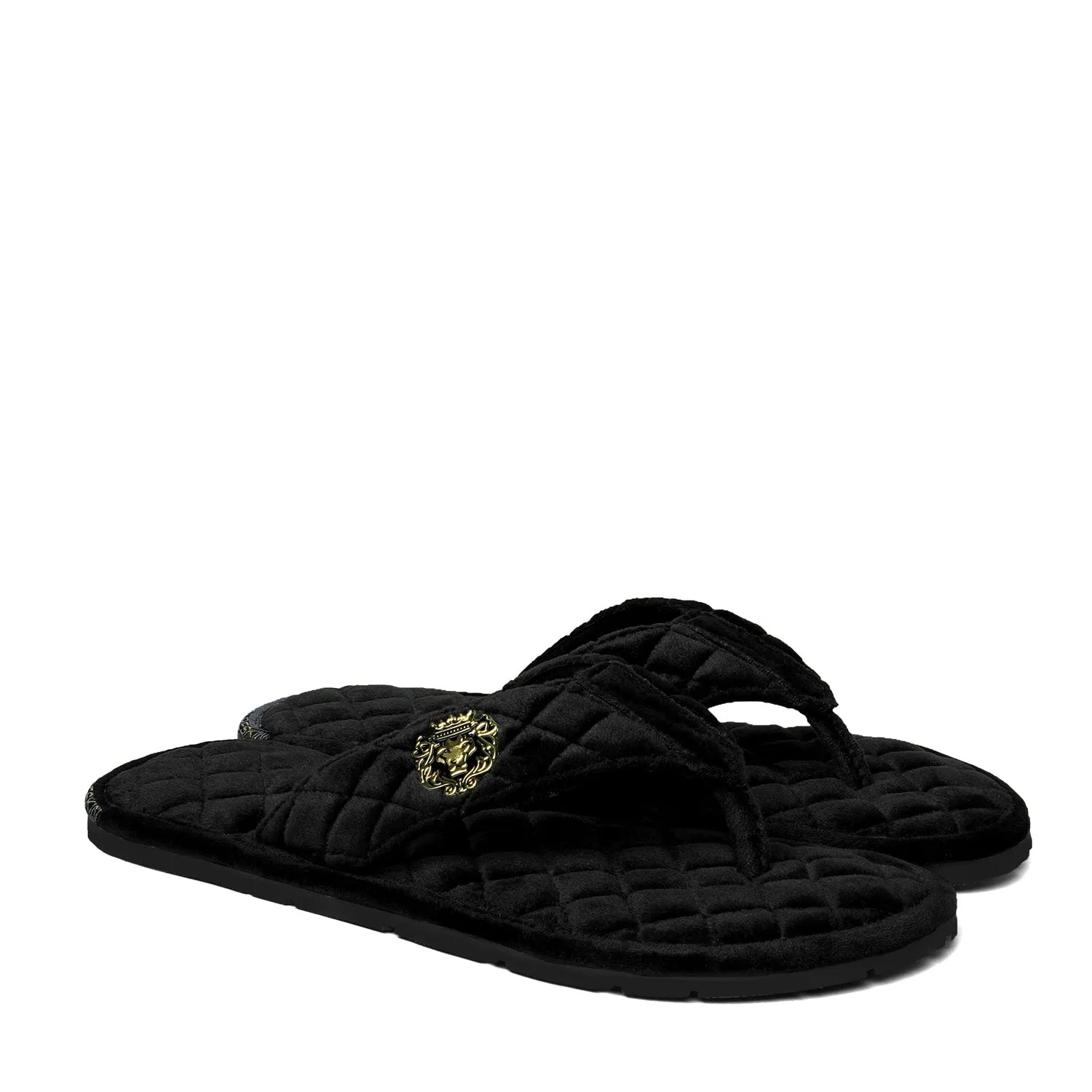 V-Strap Italian Velvet Slippers in Black Full Quilted Stitched Pattern