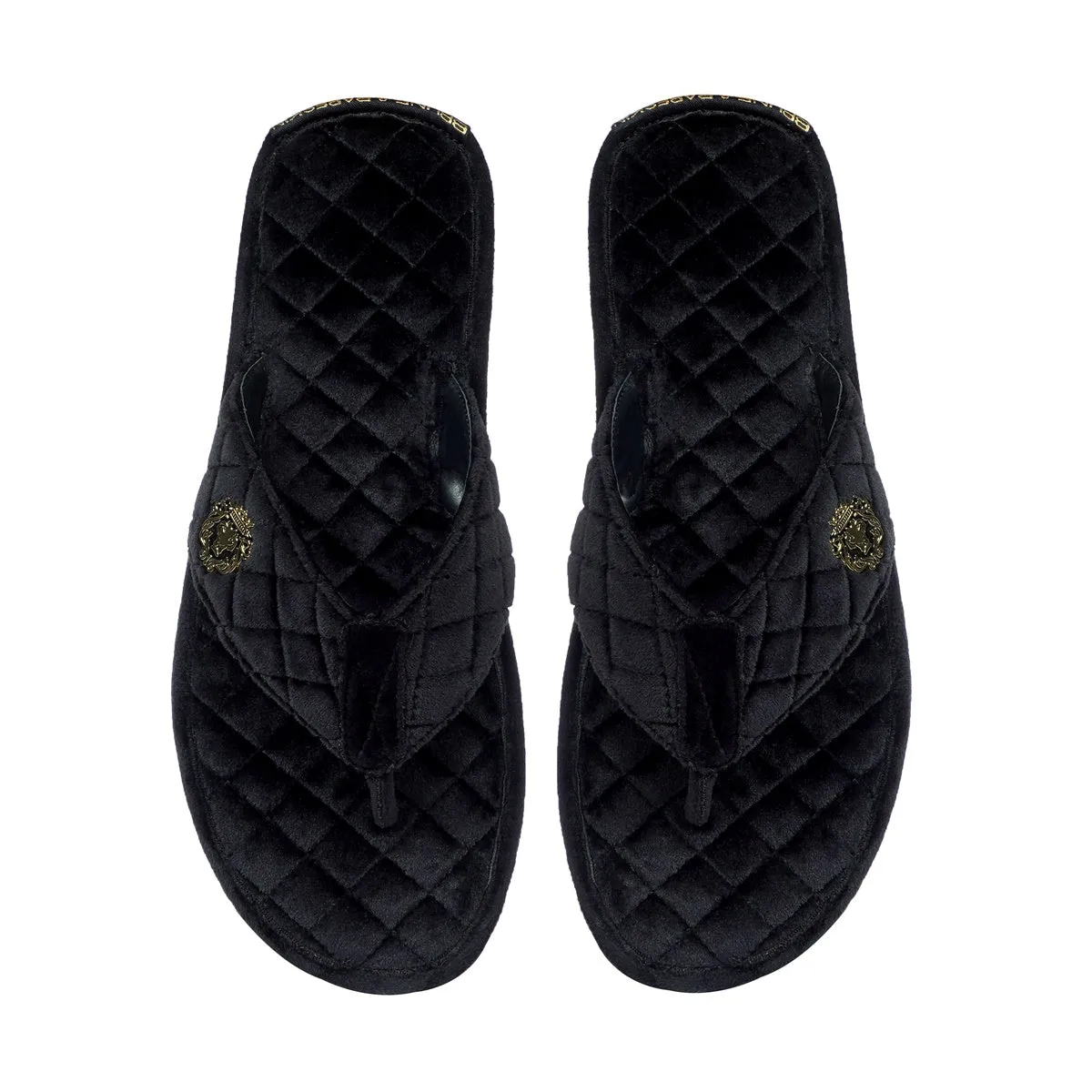 V-Strap Italian Velvet Slippers in Black Full Quilted Stitched Pattern