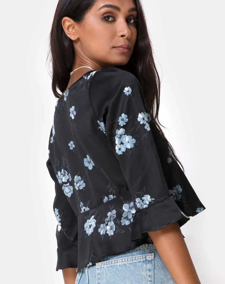 Vinequa Top in Satin Mono Flower Black