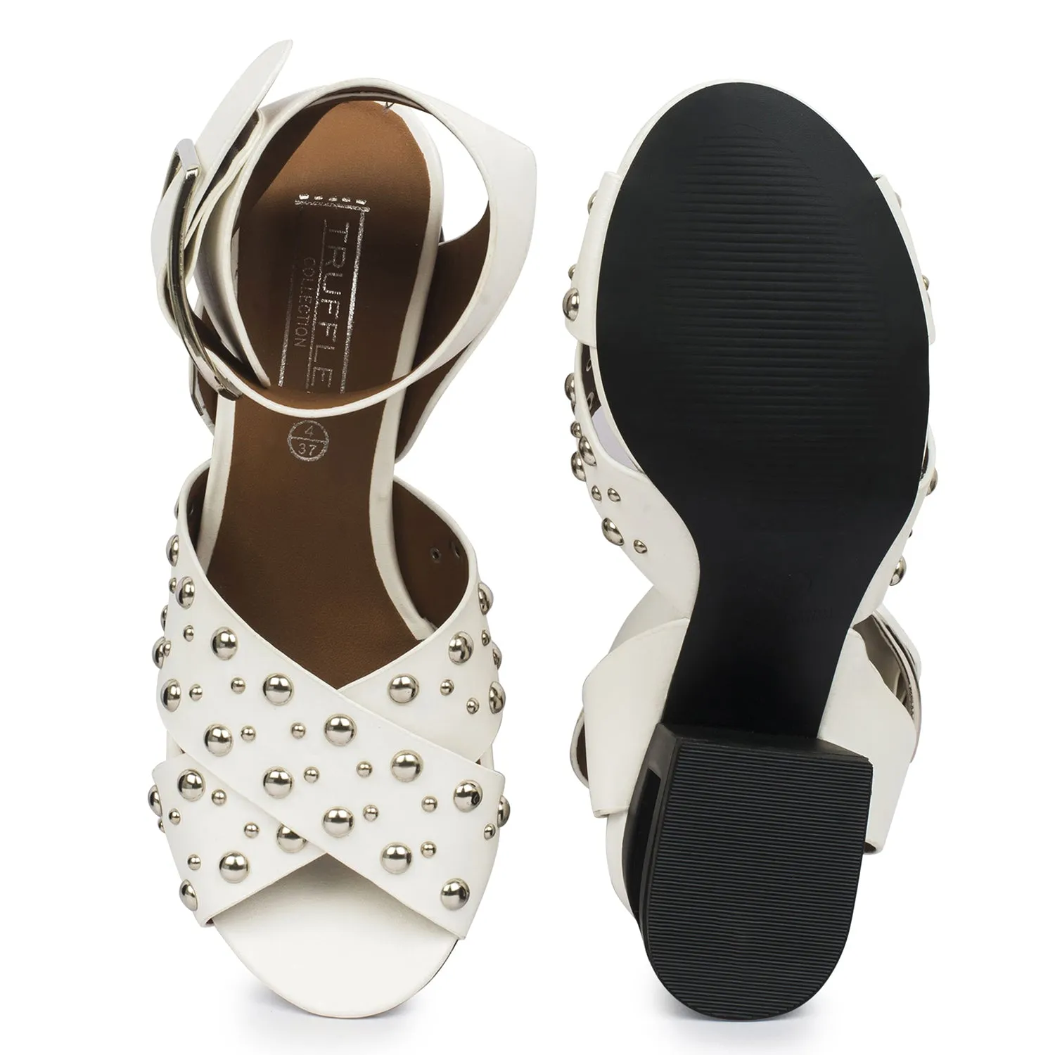 White Block Studded Cross Over Heeled Sandal