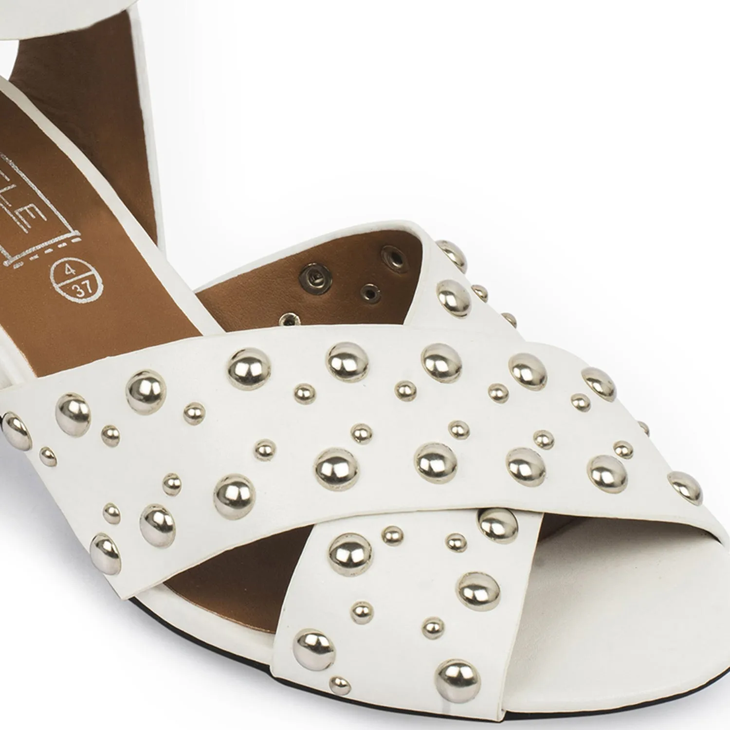 White Block Studded Cross Over Heeled Sandal