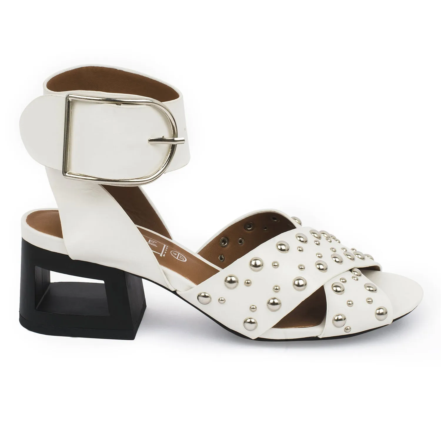 White Block Studded Cross Over Heeled Sandal