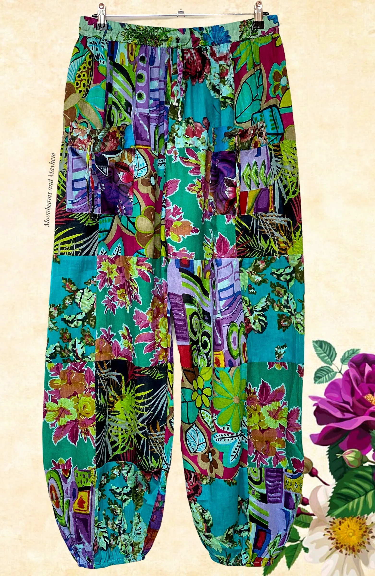 WILD BLOOMS COTTON HAREM PANTS - SIZE 10 / 12 / 14 (078)