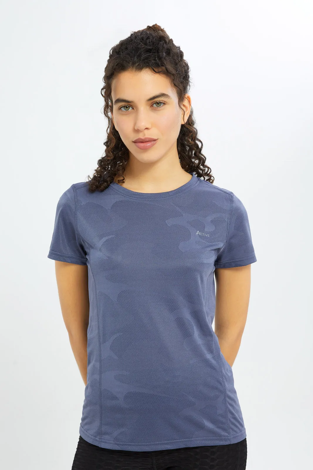 Women Blue Jacquard Printed Basic T-Shirt