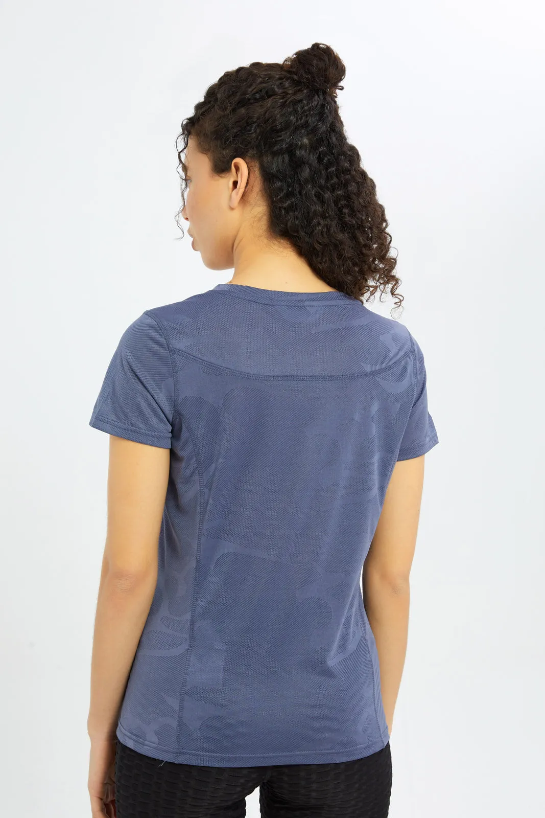 Women Blue Jacquard Printed Basic T-Shirt