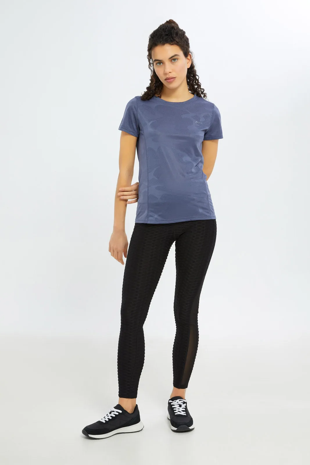 Women Blue Jacquard Printed Basic T-Shirt