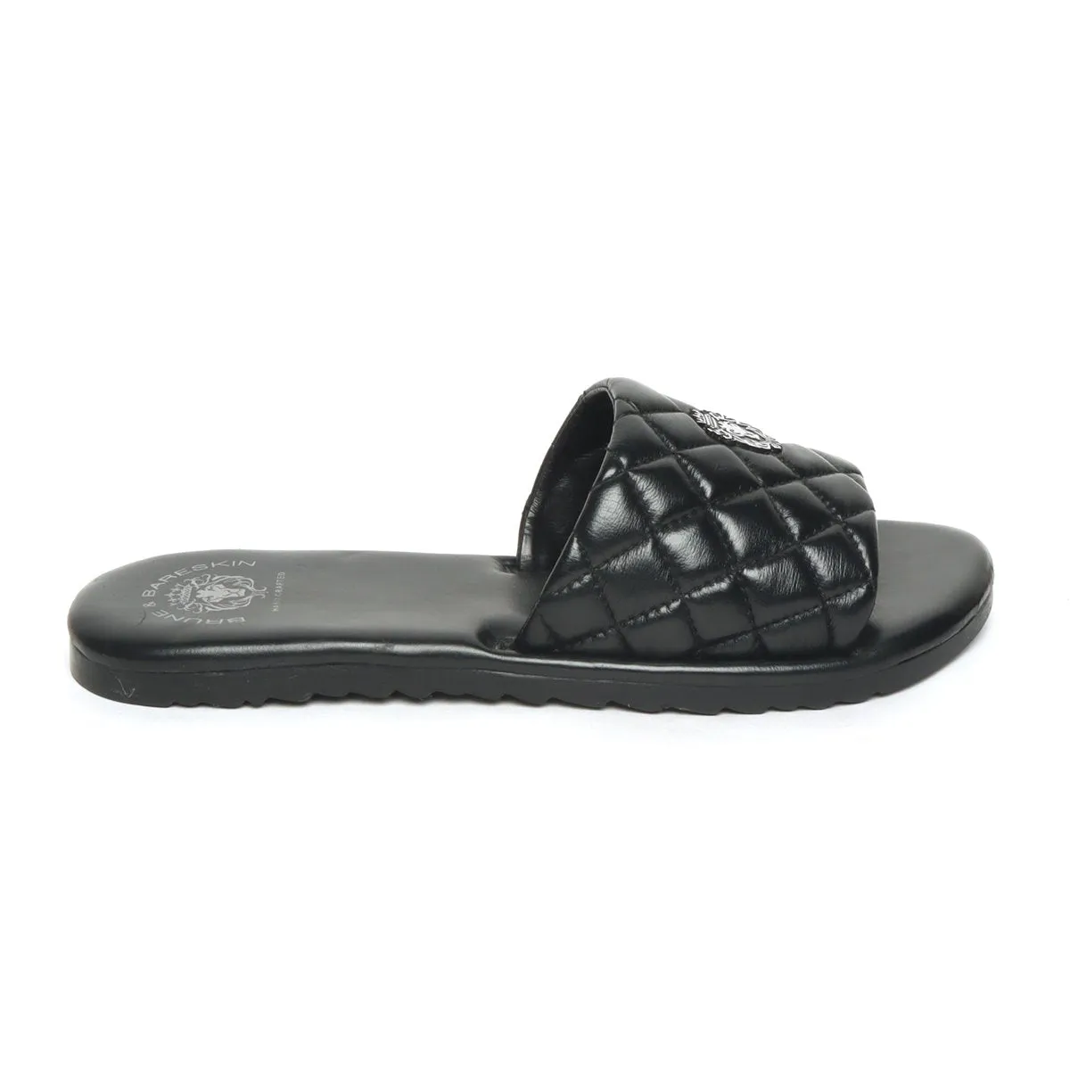 Women's Black Leather Quilted Strap Comfy Slide-in Slippers By Brune & Bareskin