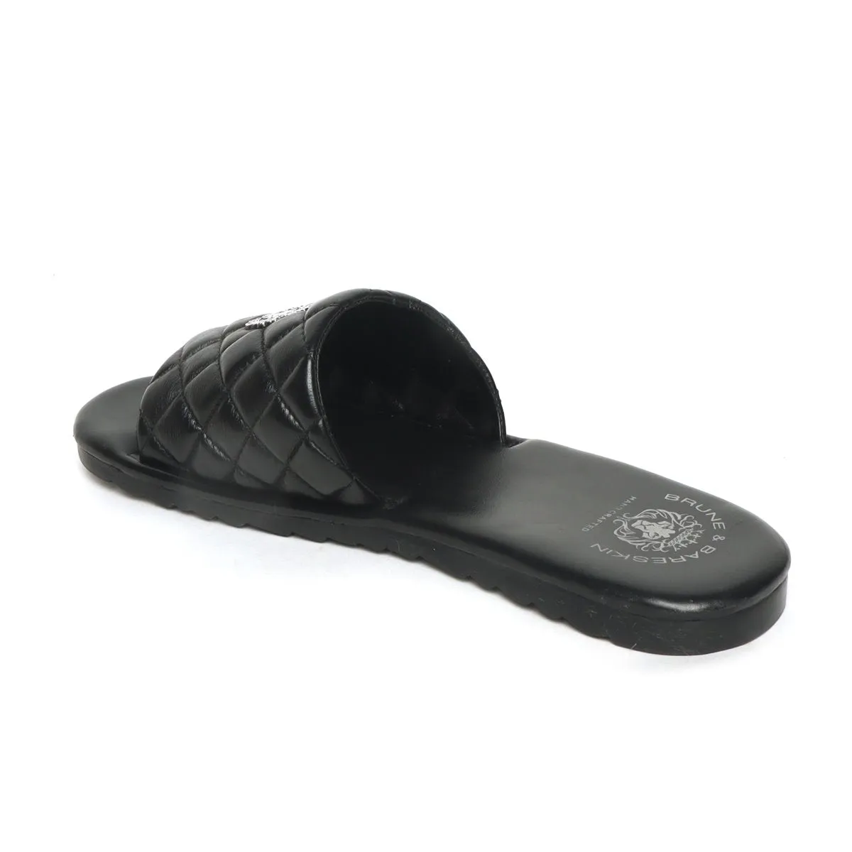 Women's Black Leather Quilted Strap Comfy Slide-in Slippers By Brune & Bareskin