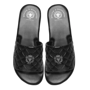 Women's Black Leather Quilted Strap Comfy Slide-in Slippers By Brune & Bareskin