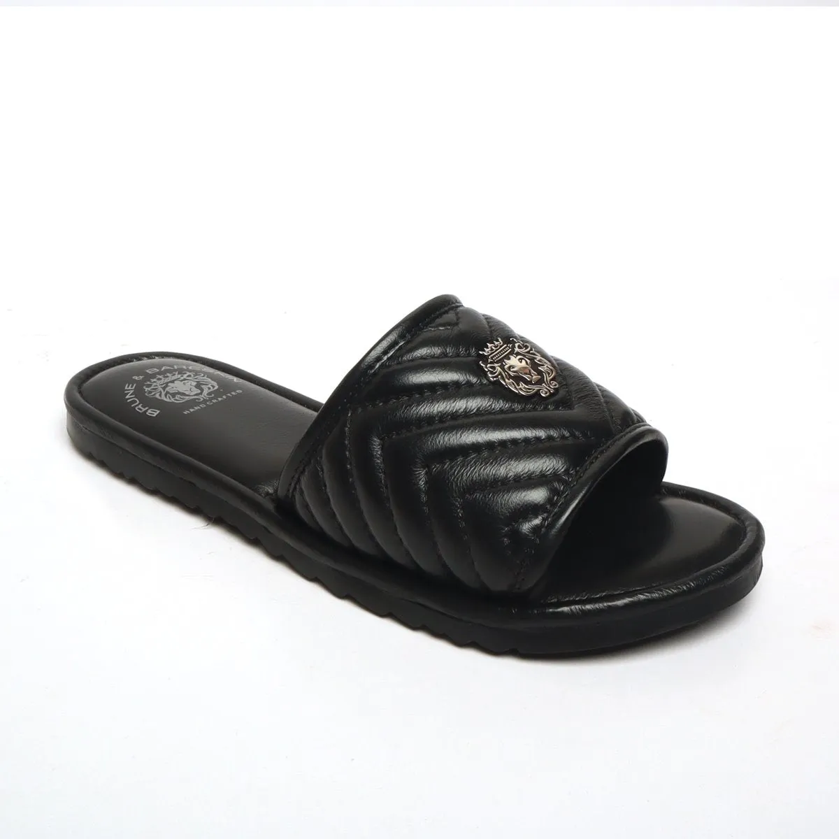 Women's Black Leather Zig-Zag Strap Comfy Slide-in Slippers By Brune & Bareskin