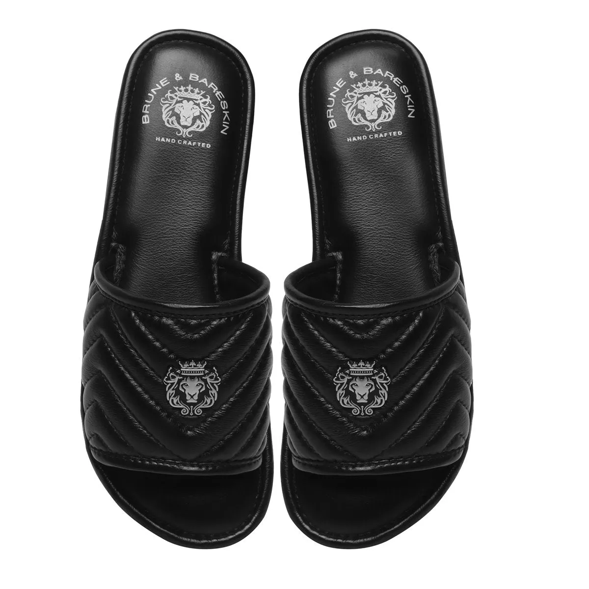 Women's Black Leather Zig-Zag Strap Comfy Slide-in Slippers By Brune & Bareskin