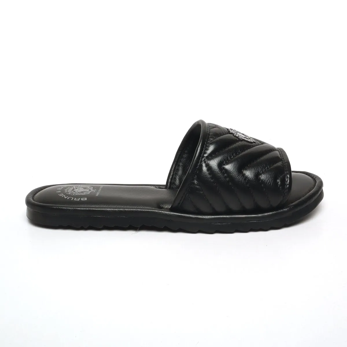 Women's Black Leather Zig-Zag Strap Comfy Slide-in Slippers By Brune & Bareskin