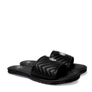 Women's Black Leather Zig-Zag Strap Comfy Slide-in Slippers By Brune & Bareskin