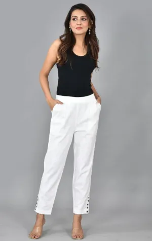 Womens Cotton Slub with Button Work Mid Rise Ankle Length 2 Pocket Elasticated Regular Fit Casual Trouser