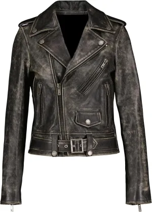 Women's Edgy Distressed Black Vintage Leather Jacket WD06